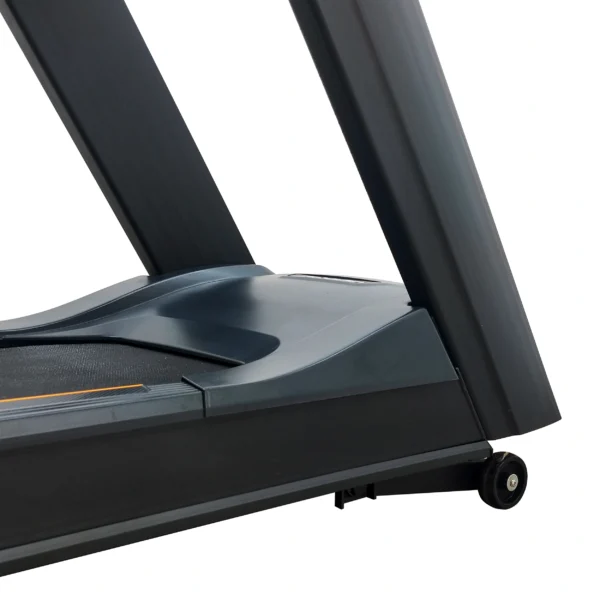A close-up view of the LIFE FIT LF-8700 treadmill's robust rear frame, motor cover, and integrated transport wheel, showcasing its durable construction.