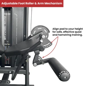 The adjustable foot roller and arm mechanism of the LIFE FIT M1, showing how to align the pad for effective quad and hamstring training.