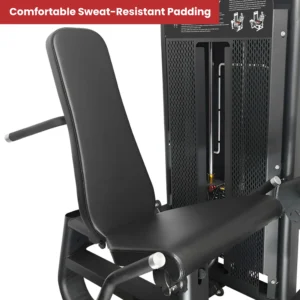 A close-up of the comfortable, sweat-resistant black padding on the seat and backrest of the LIFE FIT M1 leg machine.