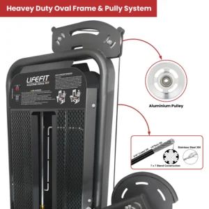A close-up of the LIFE FIT M1's heavy-duty oval frame, showing the durable aluminium pulley and 5mm stainless steel cable construction.