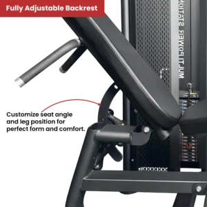 Detail shot of the fully adjustable backrest on the LIFE FIT M1 leg machine, demonstrating how to customize the seat angle for perfect form.