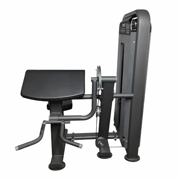 Front-side view of the Life Fit M1 preacher curl machine, focusing on the ergonomic angle of the large arm pad.