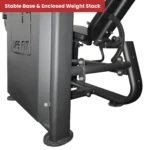 The stable base and enclosed weight stack of the LIFE FIT M1 machine, highlighting its sturdy construction and safety features.