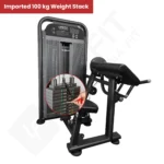The Life Fit M1 preacher curl machine, with an overlay text reading 'Imported 100 kg Weight Stack' and an inset graphic showing the easy-to-adjust selector pin.