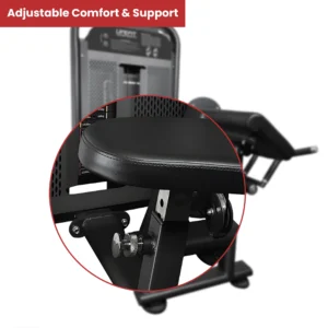 A feature image titled 'Adjustable Comfort & Support', showcasing the quick-adjust seat on the Life Fit preacher curl machine with a detailed close-up of the height adjustment knob.