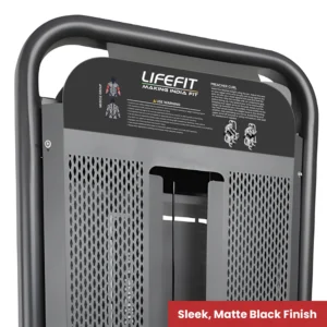 The Life Fit preacher curl machine's instructional placard, set against the 'Sleek, Matte Black Finish' of the durable powder-coated frame.