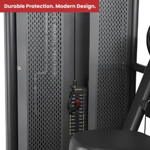 The 'Durable Protection. Modern Design.' feature of the Life Fit preacher curl machine, showing the stylish perforated steel shroud that safely covers the weight stack.