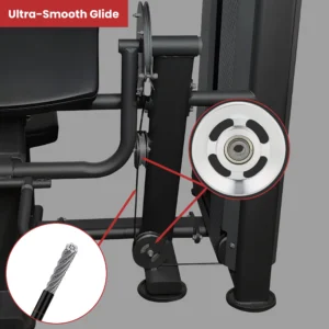 A feature image titled 'Ultra-Smooth Glide' showing the high-quality components of the Life Fit preacher curl machine, with close-up graphics of the aluminum pulley's ball bearings and the braided 5mm steel cable.