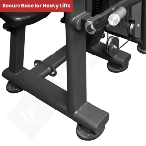 A close-up of the preacher curl machine's sturdy base, with an overlay text that reads: 'Secure Base for Heavy Lifts'.