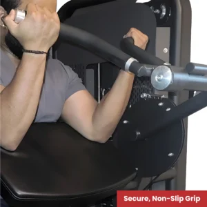 A user demonstrating the 'Secure, Non-Slip Grip' of the Life Fit preacher curl machine, highlighting the ergonomic handles during a bicep curl.