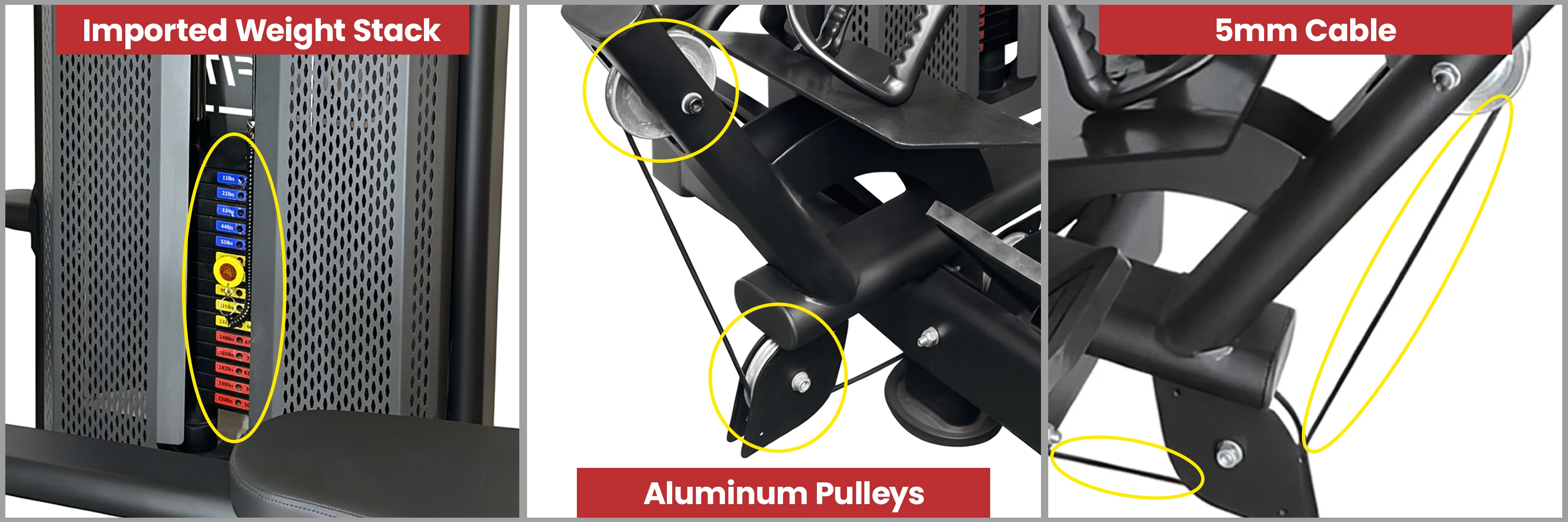 Feature collage of a seated row machine highlighting its components: the imported weight stack, durable aluminum pulleys, and the 5mm thick cable.