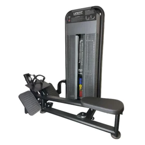 Side profile of a LIFE FIT seated row machine with a black frame, long padded seat, and a grey perforated weight stack shroud, on a white background.