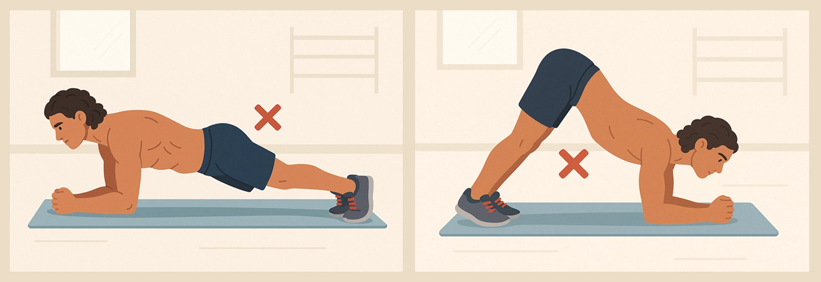 Illustration of two common plank form mistakes. Left: hips too low with sagging back. Right: hips too high in an inverted V position. Man is shirtless with curly brown hair, wearing navy shorts and gray shoes in a bright gym. Red X marks show incorrect posture.