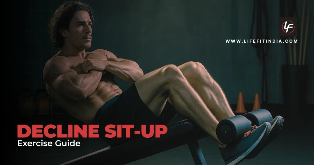 A fit man demonstrates the proper form for a decline sit-up exercise on a bench. His arms are crossed to engage his abdominal muscles, with text reading 'Decline Sit-Up Exercise Guide' in the corner.