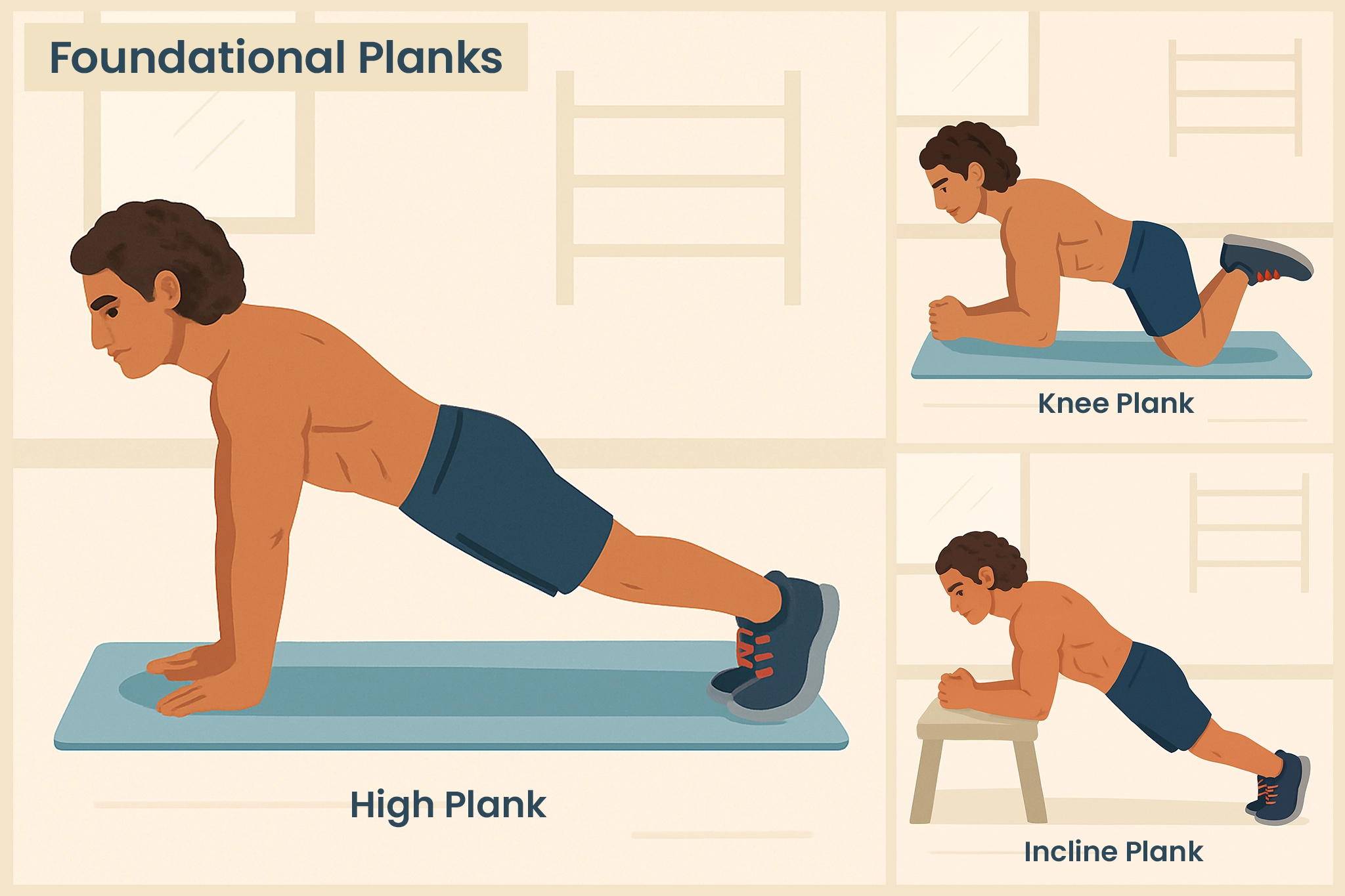 An illustration showing three foundational plank modifications for beginners to build core strength: the high plank, the knee plank, and the incline plank.