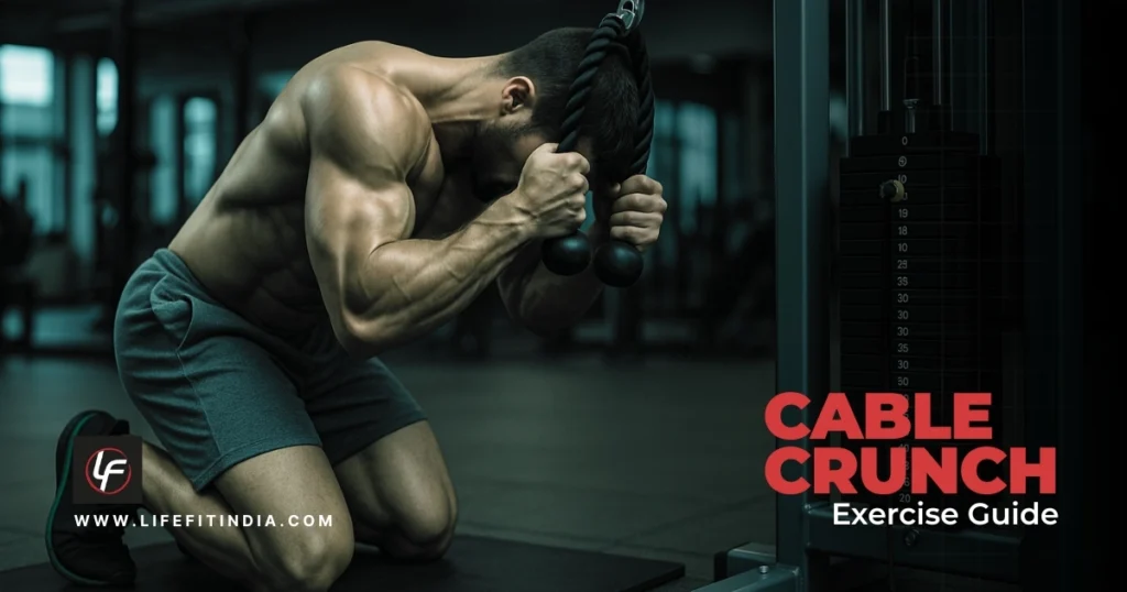 A muscular man demonstrates the proper form for a kneeling cable crunch exercise with a rope attachment.