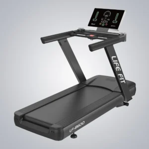 Front-angle view of the black LIFE FIT LF-8600 commercial treadmill, highlighting its large interactive LED display and robust frame design.