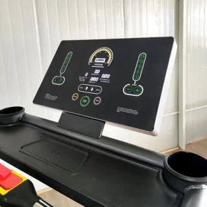 Close-up of the LIFE FIT LF-8600 treadmill's interactive LED console, showing the digital display for workout metrics like speed, time, and distance, and the intuitive button layout for program, speed, and incline adjustments.