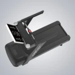 High-angle top view of the LIFE FIT LF-8600 treadmill, displaying the full running surface, handrail configuration, and the interactive LED console layout.