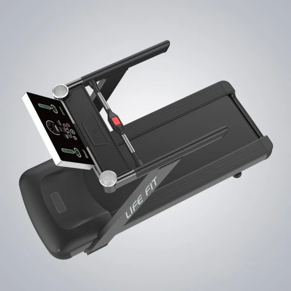 High-angle top view of the LIFE FIT LF-8600 treadmill, displaying the full running surface, handrail configuration, and the interactive LED console layout.