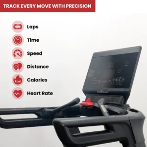 The console of the LIFE FIT LF-8700 treadmill, which tracks every move with precision, displaying metrics for Laps, Time, Speed, Distance, Calories, and Heart Rate.