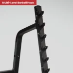 Close-up of the multi-level barbell hooks on the LIFE FIT LF-S7 squat rack, designed for adjustable bar placement and safe lifting.