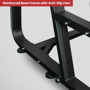 Close-up of the reinforced base frame and anti-slip rubber feet on the LIFE FIT LF-S7 squat rack, ensuring stability and floor protection.