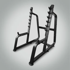 LIFE FIT LF-S7 Squat Rack – Angled Rear View Highlighting Barbell Hooks and Sturdy Steel Frame.