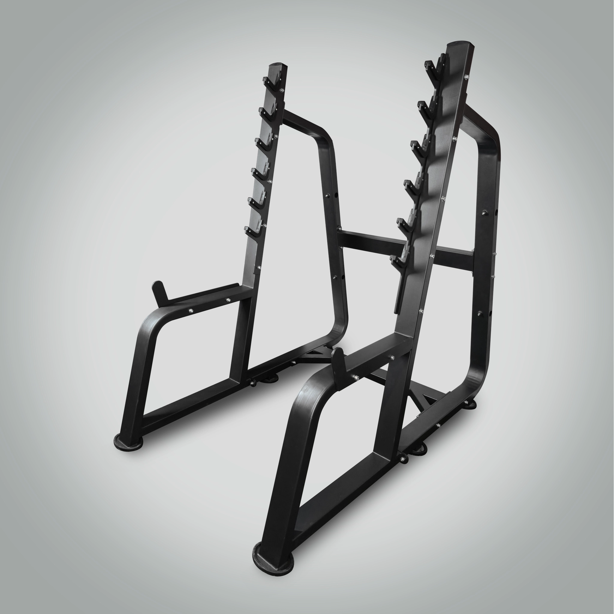 life-fit-lf-s7-squat-rack-rear-angle LIFE FIT LF-S7 Squat Rack – Angled Rear View Highlighting Barbell Hooks and Sturdy Steel Frame.