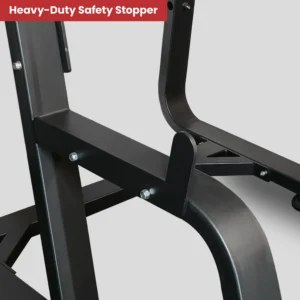 Close-up shot focusing on the heavy-duty, black metal safety stopper mechanism of a LIFE FIT LF-S7 Squat Rack, highlighting its robust construction and adjustable design intended to provide secure support during intense weightlifting sessions in a gym setting.
