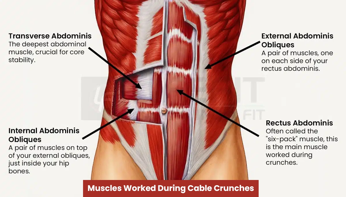 Anatomical diagram showing the muscles worked during cable crunches for a complete core workout. This illustration details the rectus abdominis (six-pack), internal and external obliques, and the deep transverse abdominis, highlighting their role in core stability.