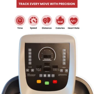 The interactive LED console of a lf-7000x treadmill designed to track every move with precision, displaying metrics for time, speed, distance, calories, and heart rate, with quick-select buttons for easy control.