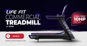 Life Fit LF-8700 Commercial Treadmill with powerful G-Way Drive 10HP motor, shown in a sleek black design, promoting advanced fitness equipment on www.lifefitindia.com