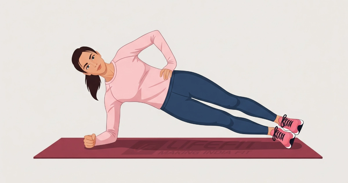 An illustration of a woman demonstrating the standard forearm side plank exercise with correct form on a yoga mat.