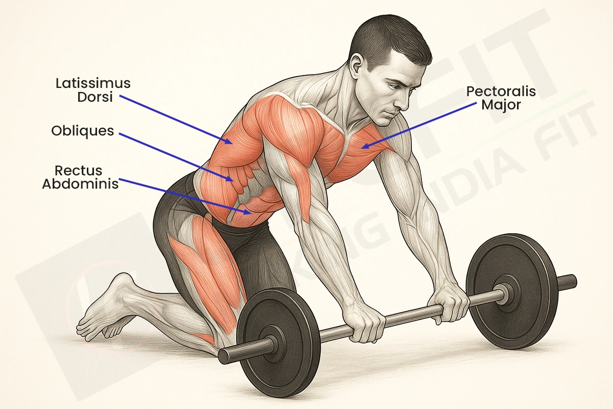 Anatomical illustration showing the muscles worked during a barbell ab rollout. Labels point to the Rectus Abdominis, Obliques, Latissimus Dorsi, and Pectoralis Major, which are all activated in the exercise.