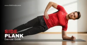 A fit man in a red shirt performing a side plank exercise on a yoga mat. The text on the image says 'Side Plank Exercise Guide'.