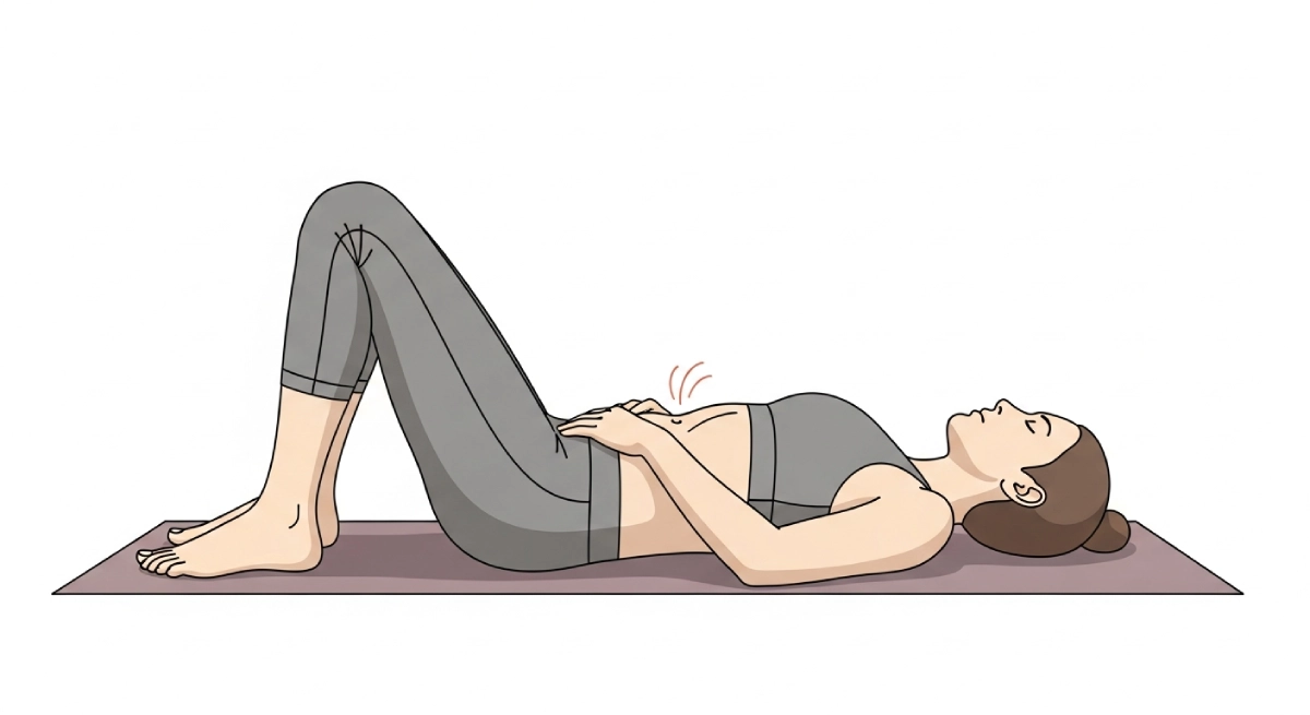 Woman performing Abdominal Drawing-In Maneuver (ADIM) lying on mat, demonstrating deep core activation and breathing technique &ndash; Life Fit India.