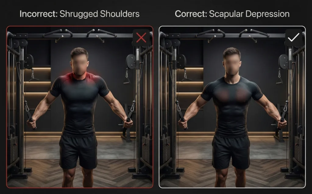 Correct and incorrect Cable Iron Cross form comparison showing shrugged shoulders versus proper scapular depression for chest isolation.