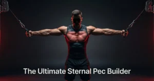 Fitness model performing the Cable Iron Cross at peak contraction with arms extended in a T-position, highlighting the sternal pectoralis muscles.