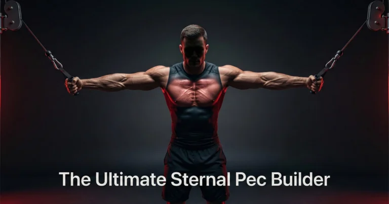 Fitness model performing the Cable Iron Cross at peak contraction with arms extended in a T-position, highlighting the sternal pectoralis muscles.