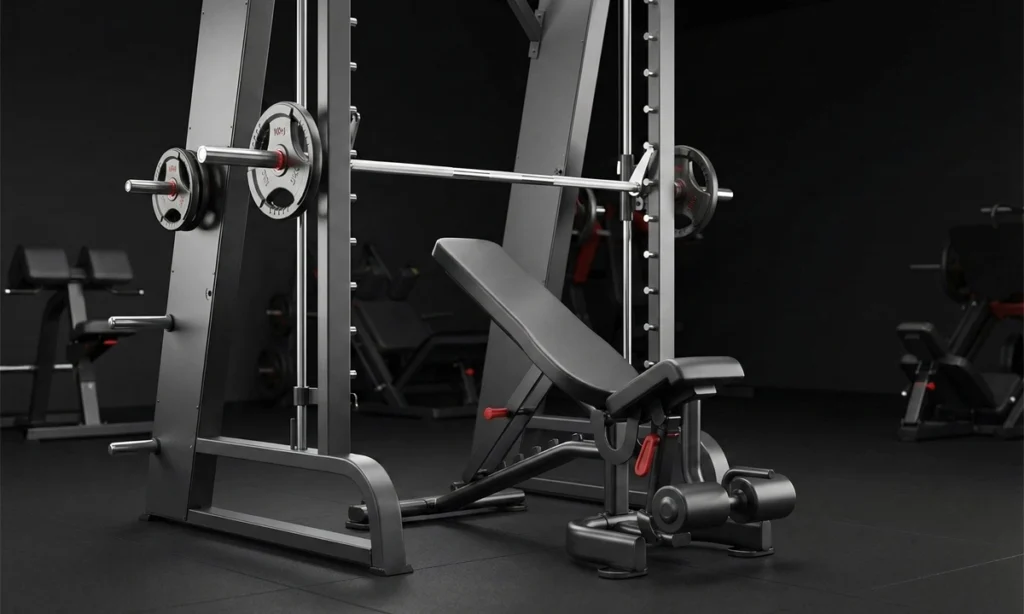 Adjustable incline bench set at 30–45 degrees inside a Smith machine, demonstrating the correct setup for the Incline Smith Machine Bench Press.