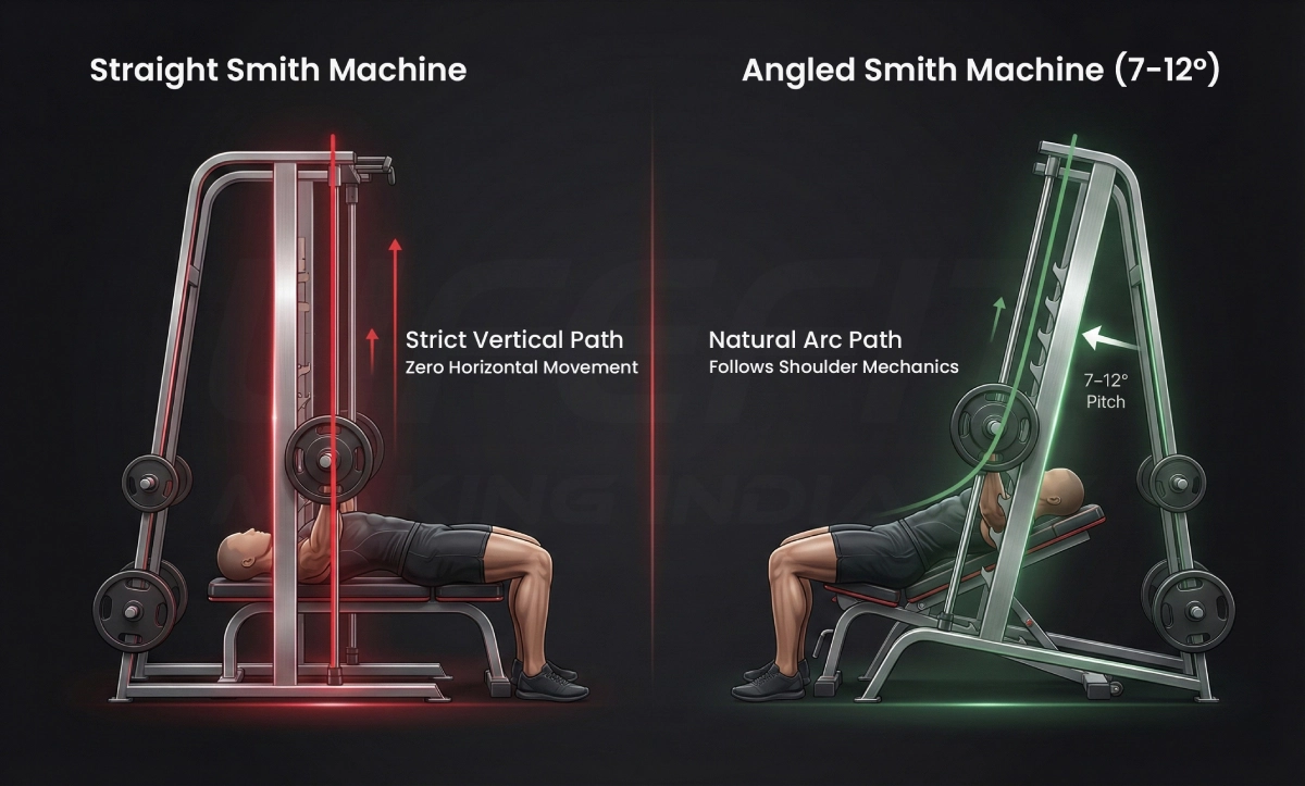 Side-by-side illustration comparing straight and angled Smith machine rails, showing vertical bar path versus a 7&ndash;12 degree backward pressing path for proper bench press setup.