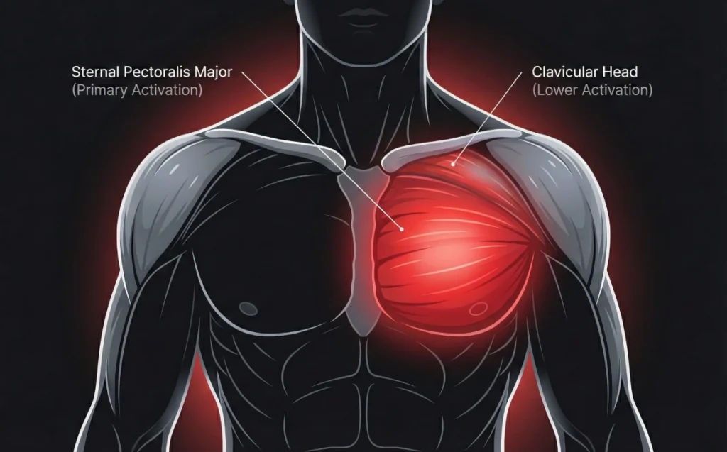 Anatomical illustration showing muscle activation during the Cable Iron Cross, highlighting the sternal pectoralis major as the primary activated area and the clavicular head with lower activation.