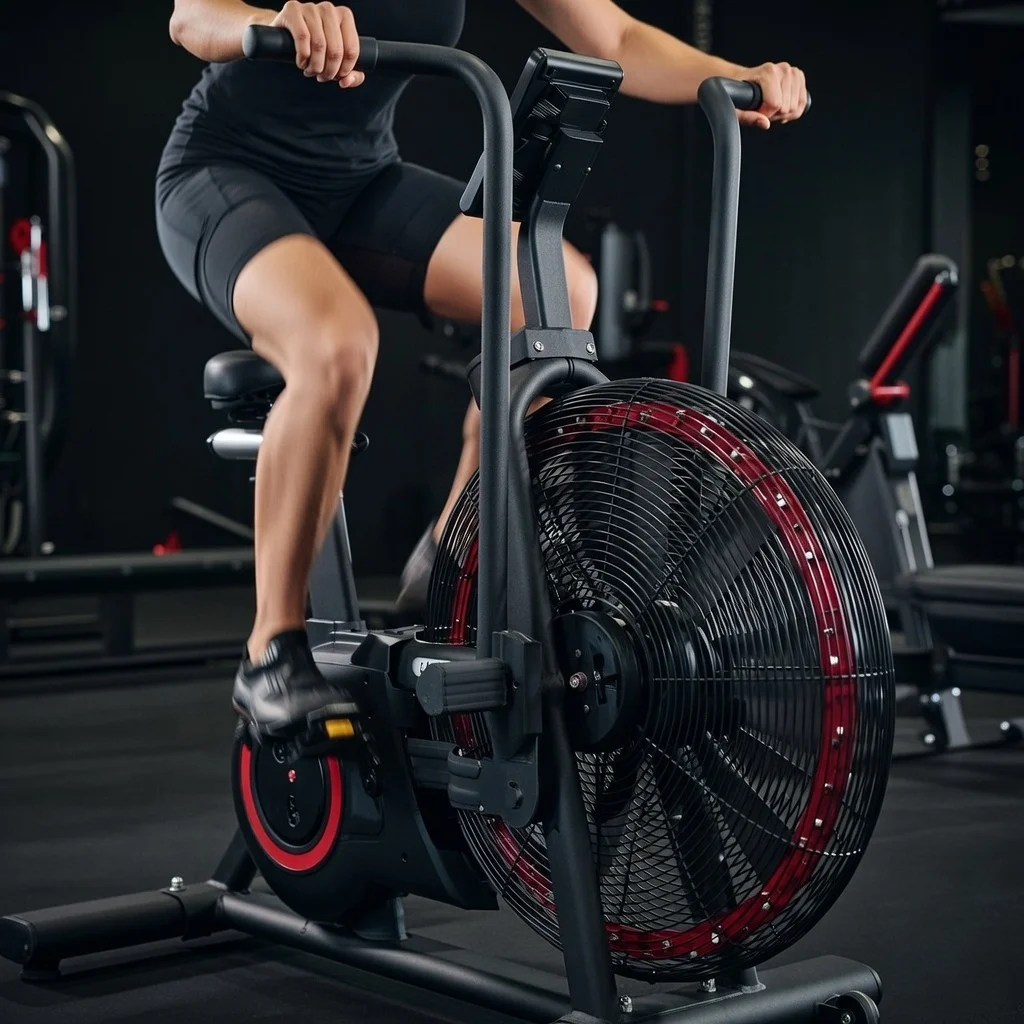 close-up of air bike fan and moving handles showing air resistance mechanism.
