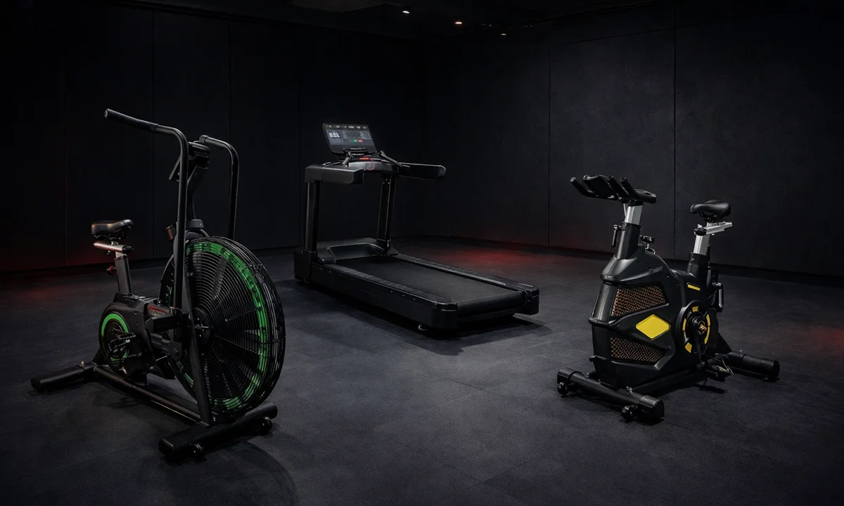 air bike compared with treadmill and spin bike in a professional gym setting.