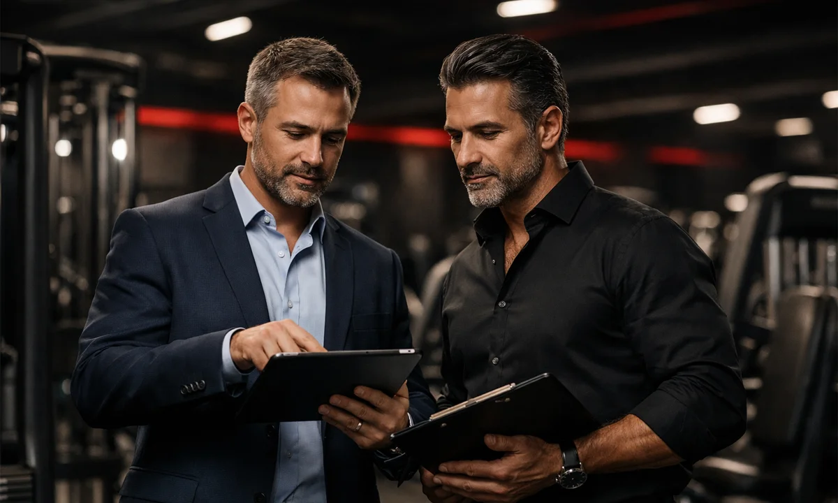 Gym owner and consultant evaluating equipment requirements based on business goals and member usage.