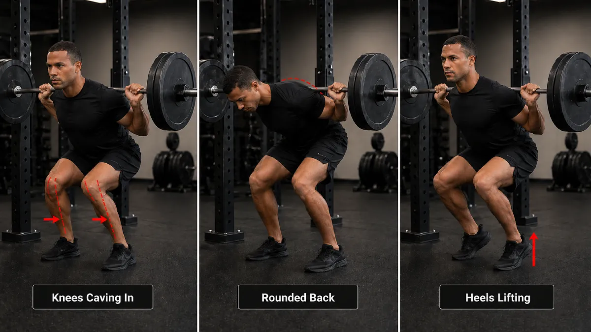 Common barbell back squat mistakes showing knees caving in rounded back and heels lifting
