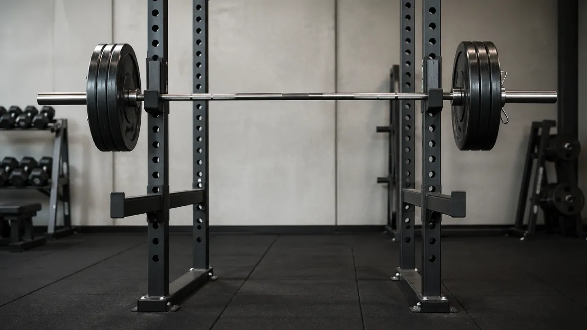 Barbell loaded with weight plates on a squat rack with safety pins for back squat setup