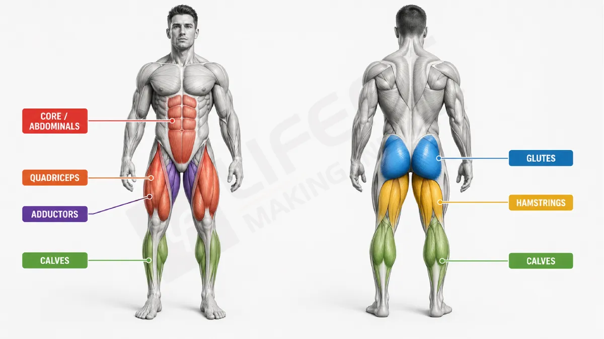 Anatomy illustration showing barbell back squat muscles worked including quadriceps, glutes, hamstrings, adductors, calves, and core.