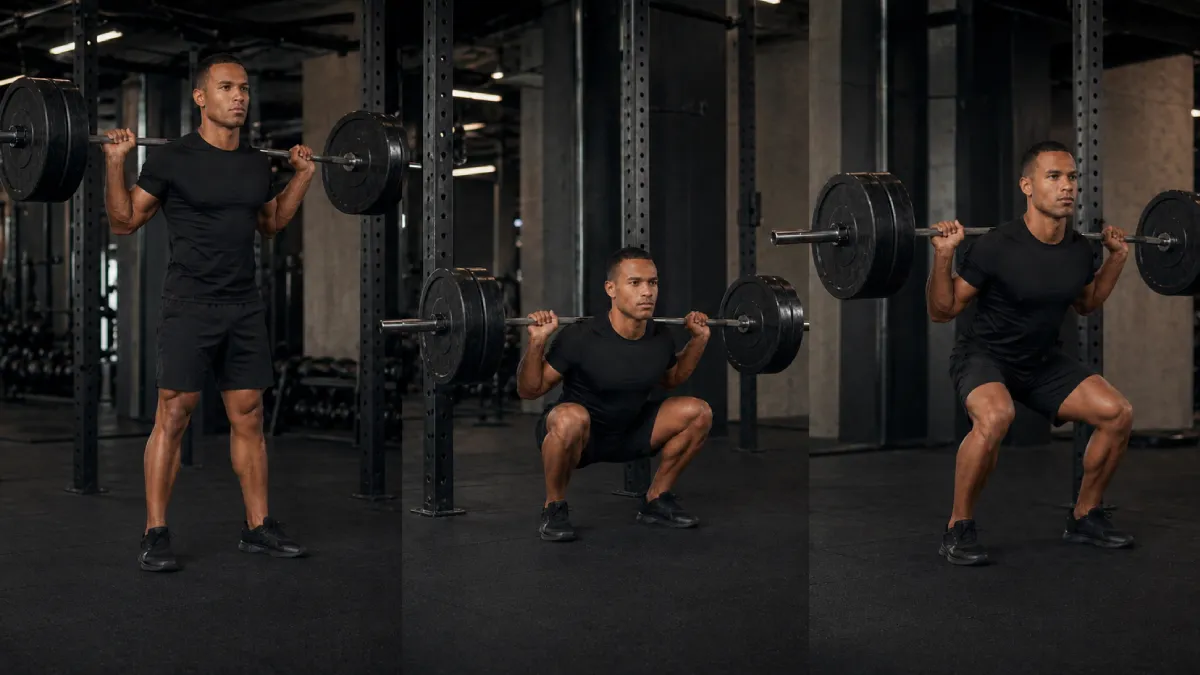 Step-by-step barbell back squat form showing standing position bottom position and standing back up